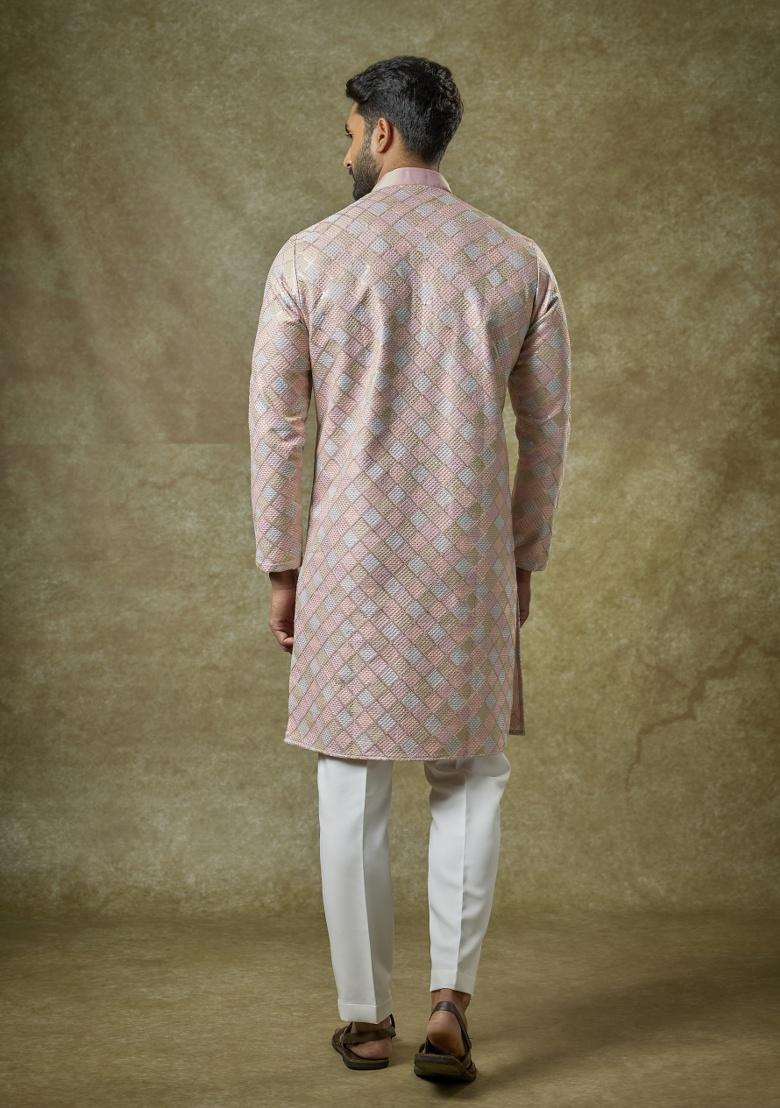 Pink Embroidered Silk Kurta Set For Men