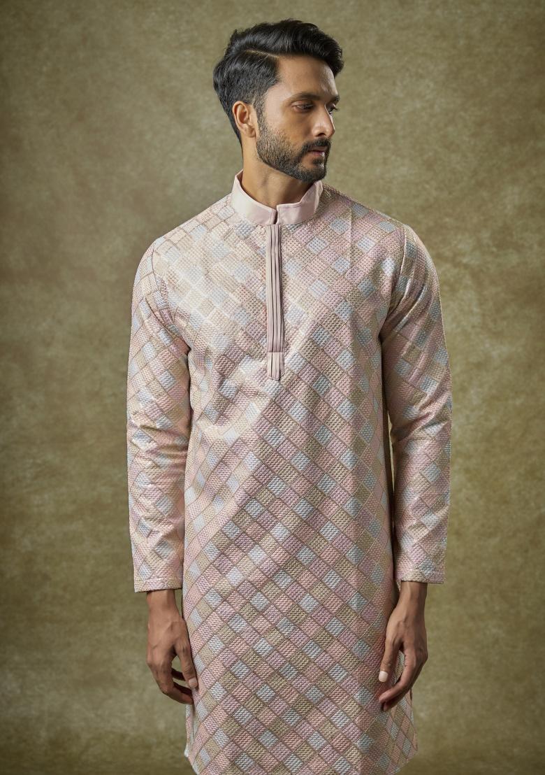 Pink Embroidered Silk Kurta Set For Men