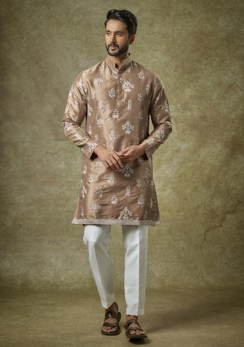Brown Zari Silk Kurta Set For Men