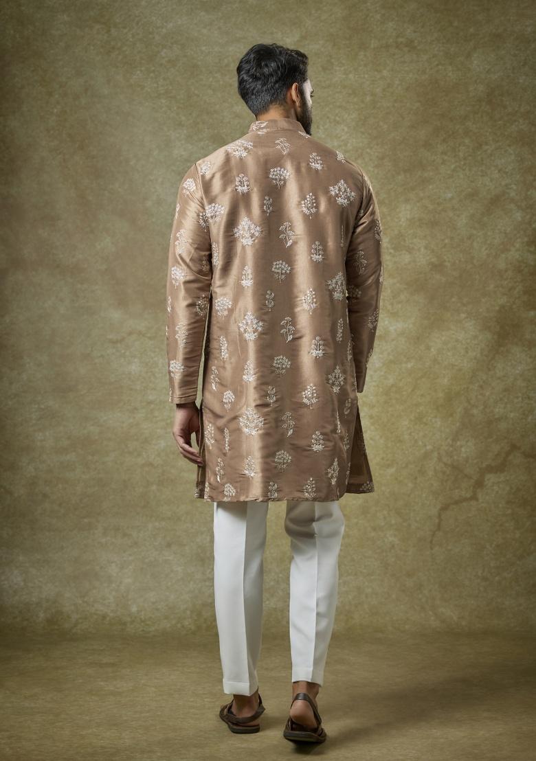 Brown Zari Silk Kurta Set For Men