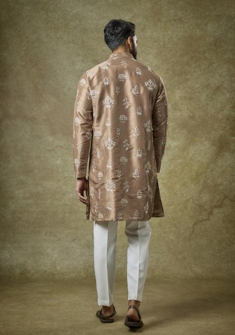 Brown Zari Silk Kurta Set For Men