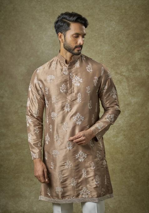 Brown Zari Silk Kurta Set For Men