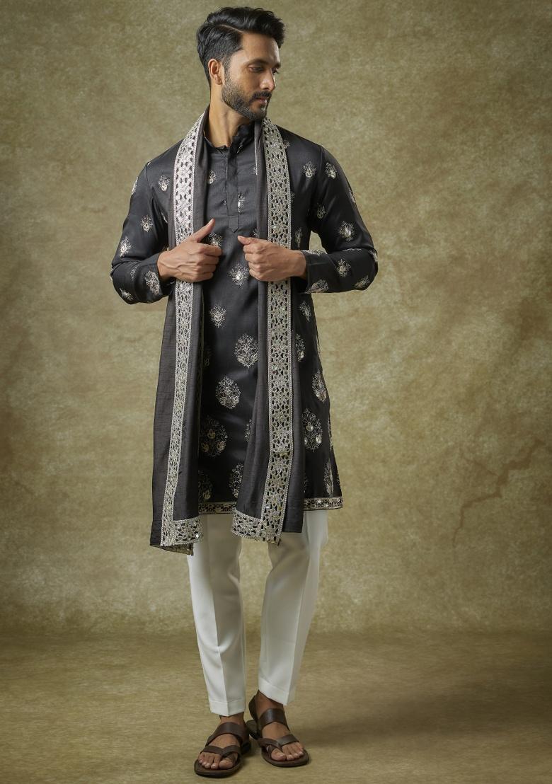 Black Mirror Work Silk Kurta Set For Men