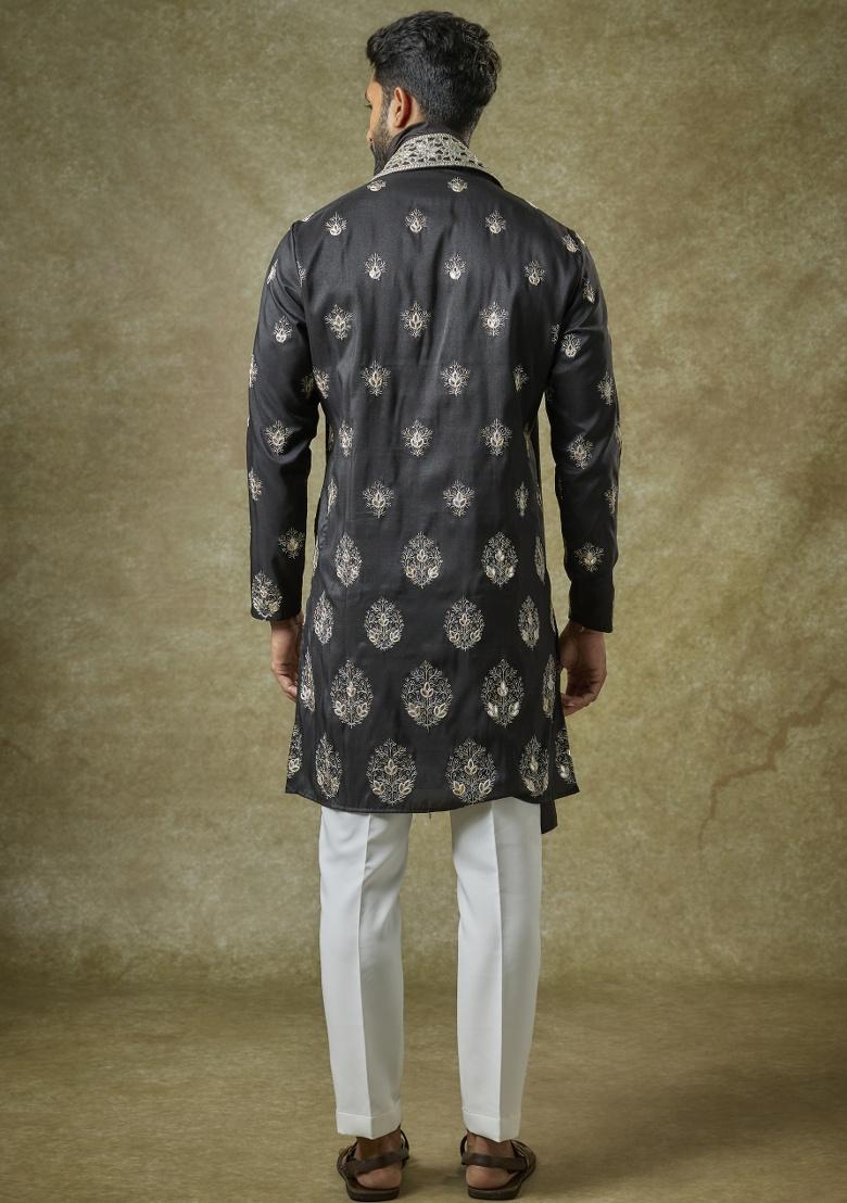 Black Mirror Work Silk Kurta Set For Men
