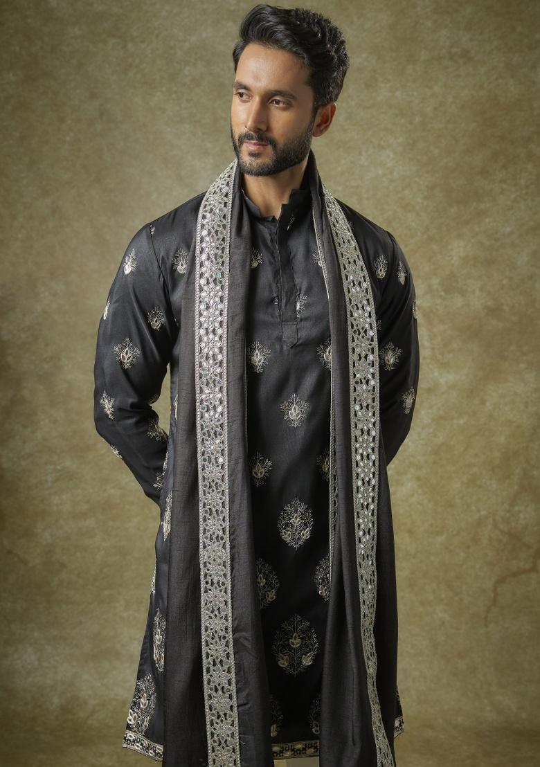 Black Mirror Work Silk Kurta Set For Men
