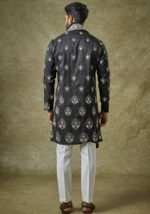 Black Mirror Work Silk Kurta Set For Men