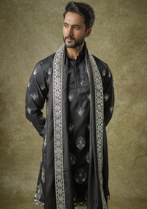 Black Mirror Work Silk Kurta Set For Men