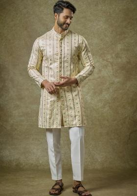 Yellow Embroidered Silk Kurta Set For Men