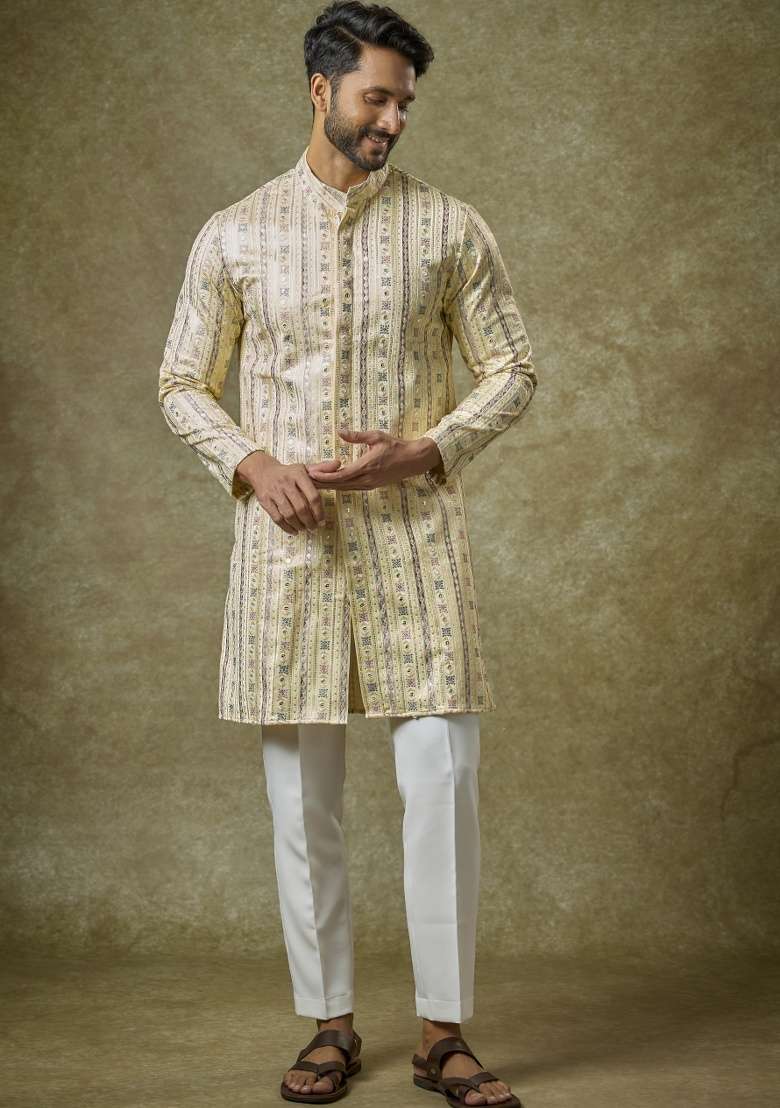 Yellow Embroidered Silk Kurta Set For Men - Indya