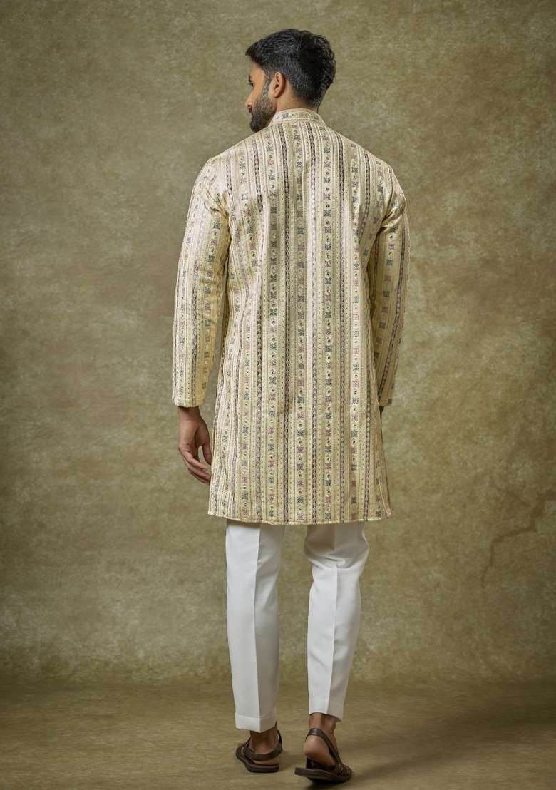 Yellow Embroidered Silk Kurta Set For Men - Indya