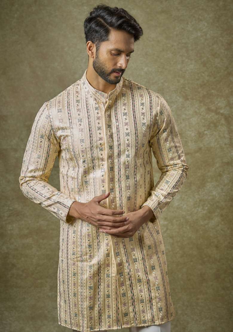 Yellow Embroidered Silk Kurta Set For Men - Indya