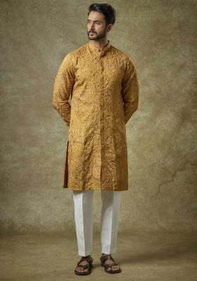 Gold Embroidered Silk Kurta Set For Men