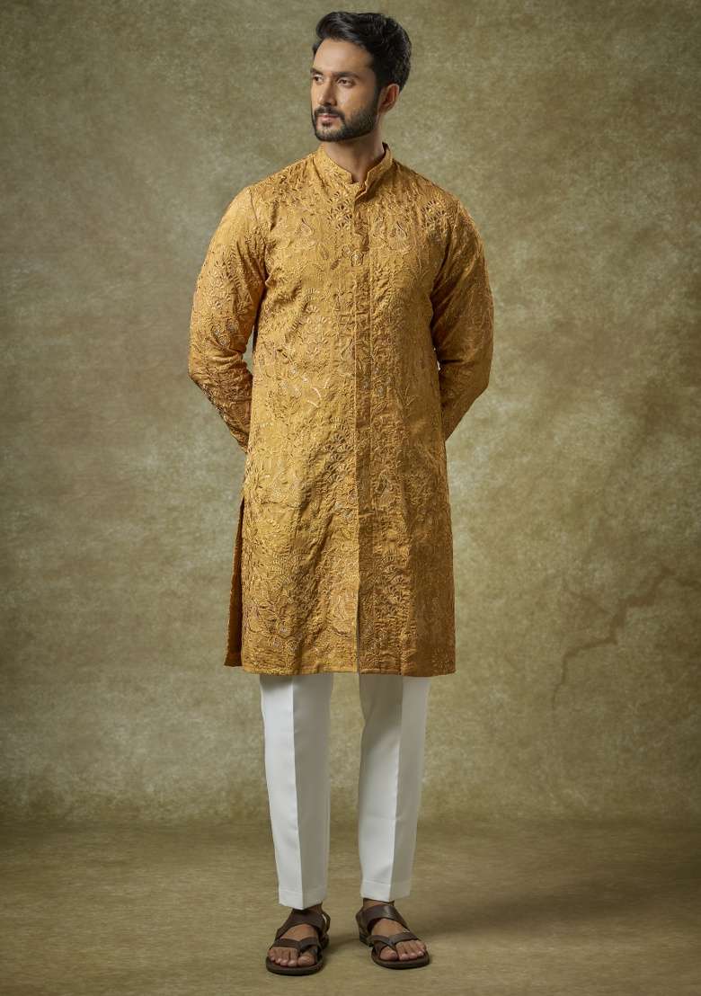Gold Embroidered Silk Kurta Set For Men - Indya
