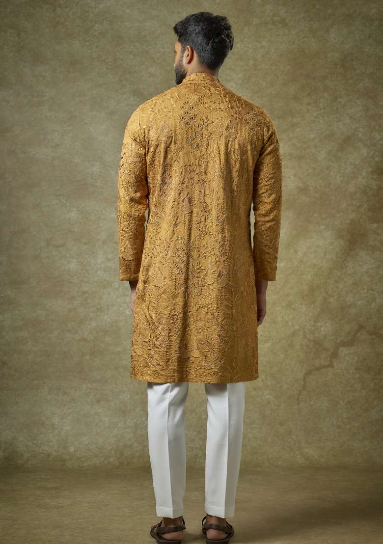 Gold Embroidered Silk Kurta Set For Men - Indya