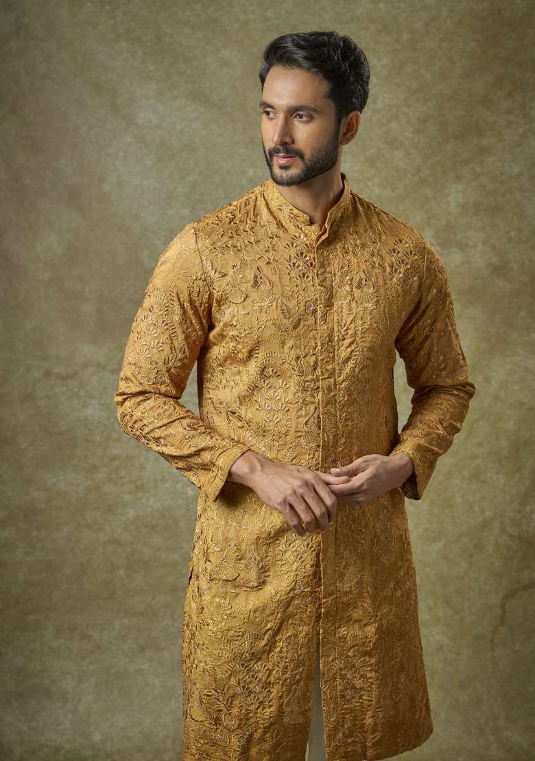 Gold Embroidered Silk Kurta Set For Men - Indya
