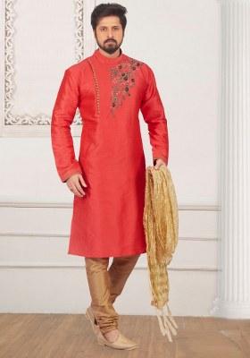 Red Embroidered Silk Kurta Set For Men