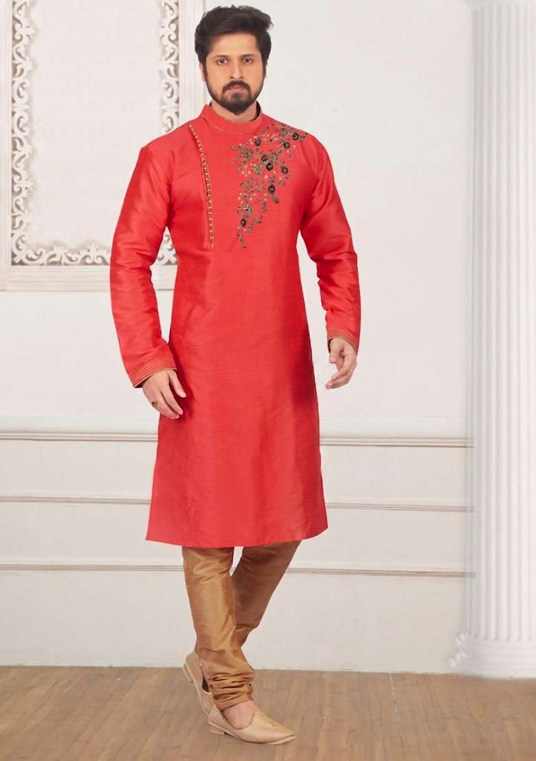 Red Embroidered Silk Kurta Set For Men - Indya