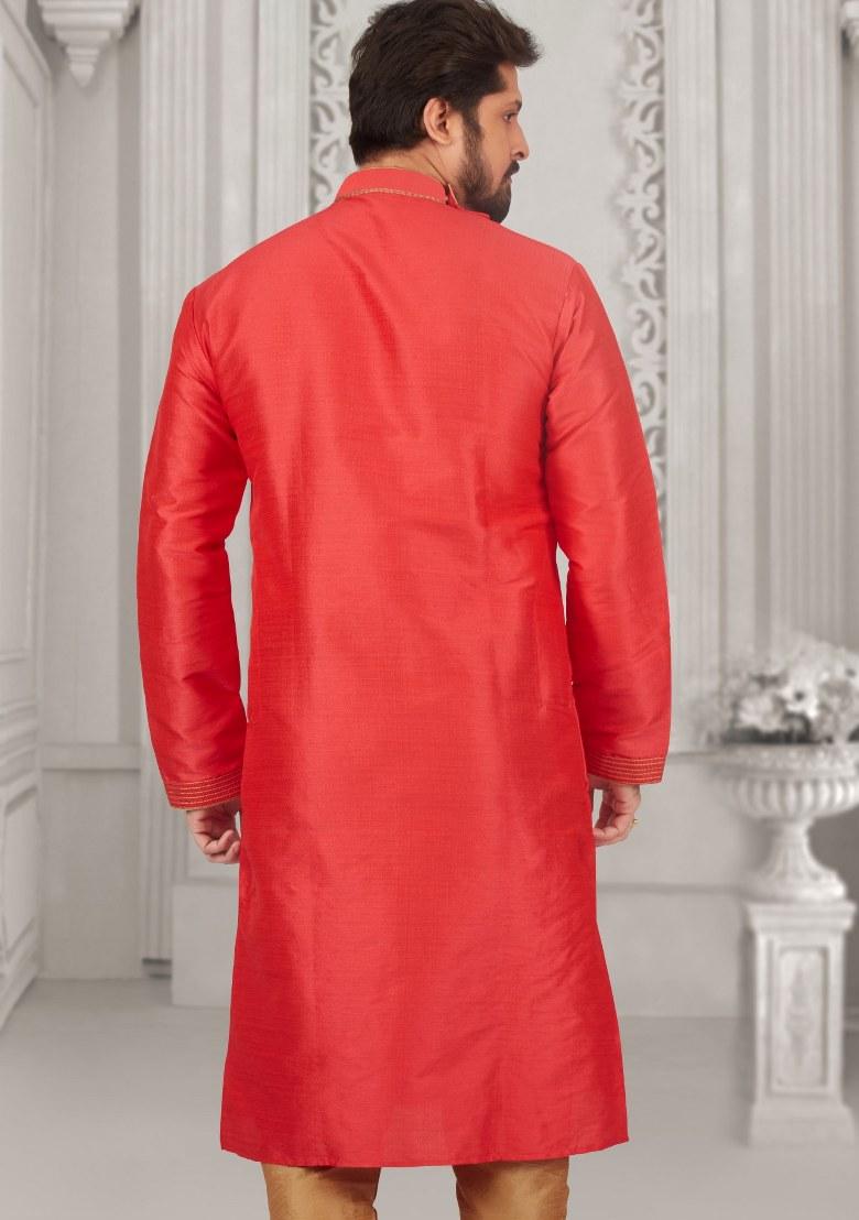 Red Embroidered Silk Kurta Set For Men