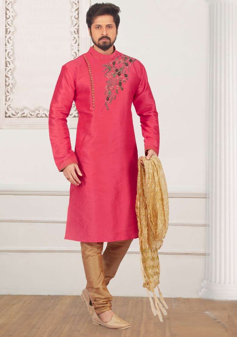 Dark Pink Embroidered Silk Kurta Set For Men - Indya