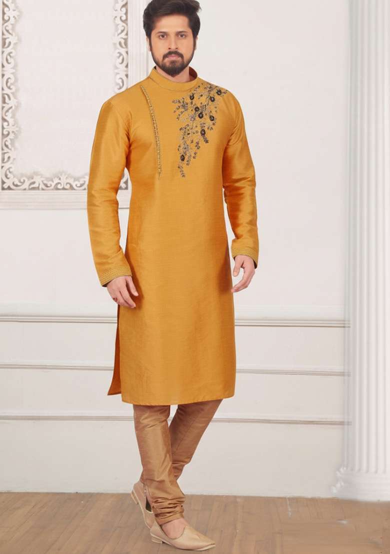 Orange Embroidered Silk Kurta Set For Men - Indya