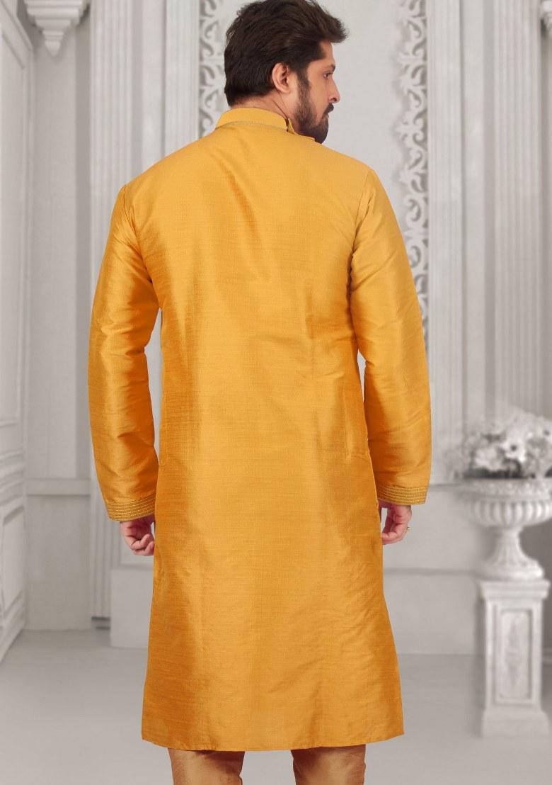 Orange Embroidered Silk Kurta Set For Men