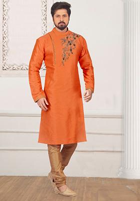 Rust Orange Embroidered Silk Kurta Set For Men