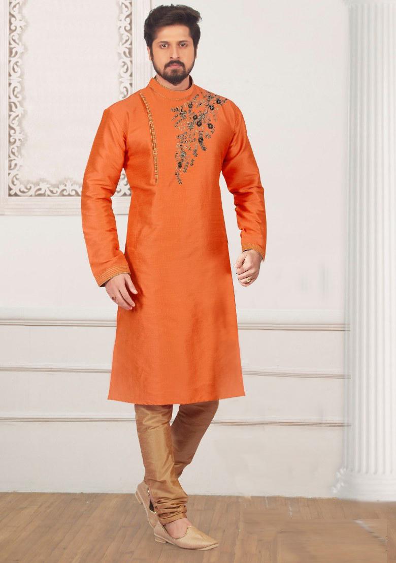 Rust Orange Embroidered Silk Kurta Set For Men