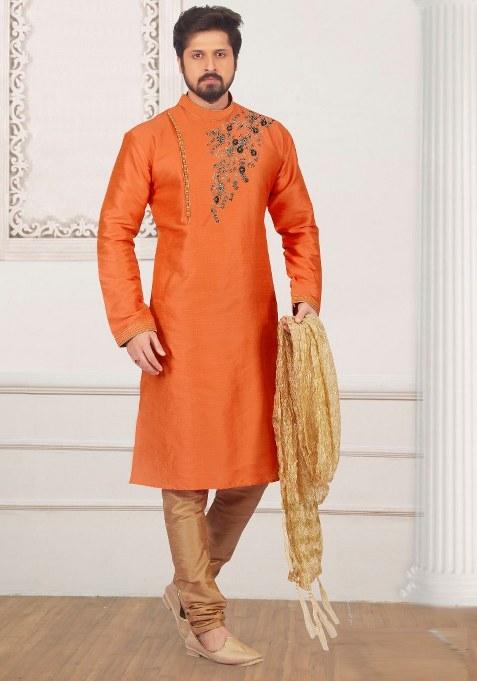 Rust Orange Embroidered Silk Kurta Set For Men