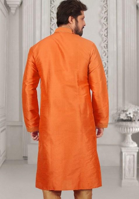 Rust Orange Embroidered Silk Kurta Set For Men