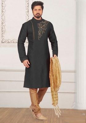 Black Embroidered Silk Kurta Set For Men