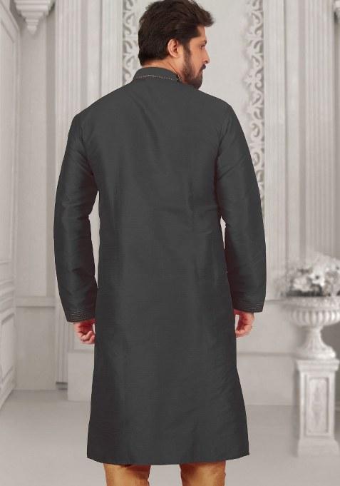 Black Embroidered Silk Kurta Set For Men