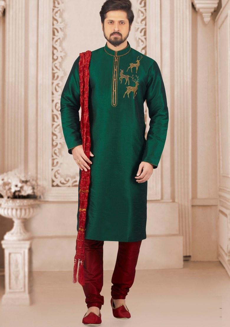 Bottle Green Embroidered Silk Kurta Set For Men