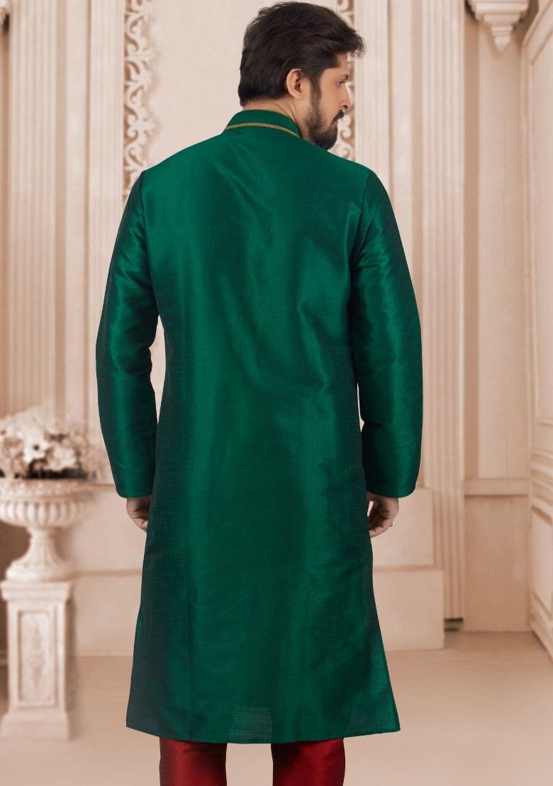 Bottle Green Embroidered Silk Kurta Set For Men