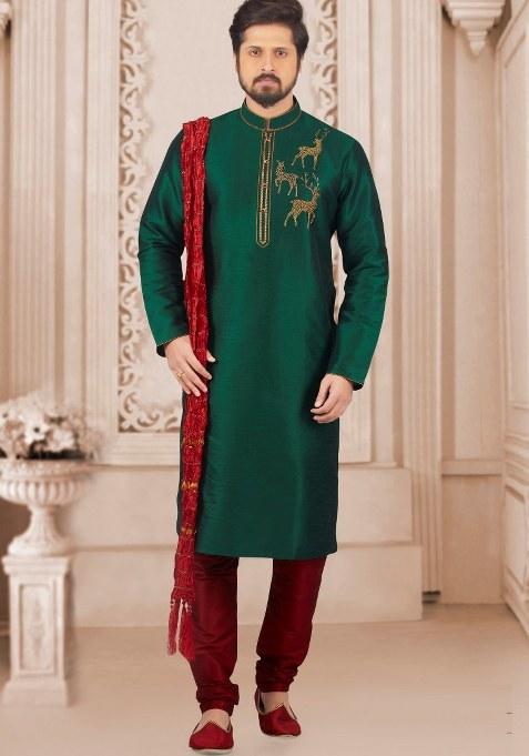 Bottle Green Embroidered Silk Kurta Set For Men