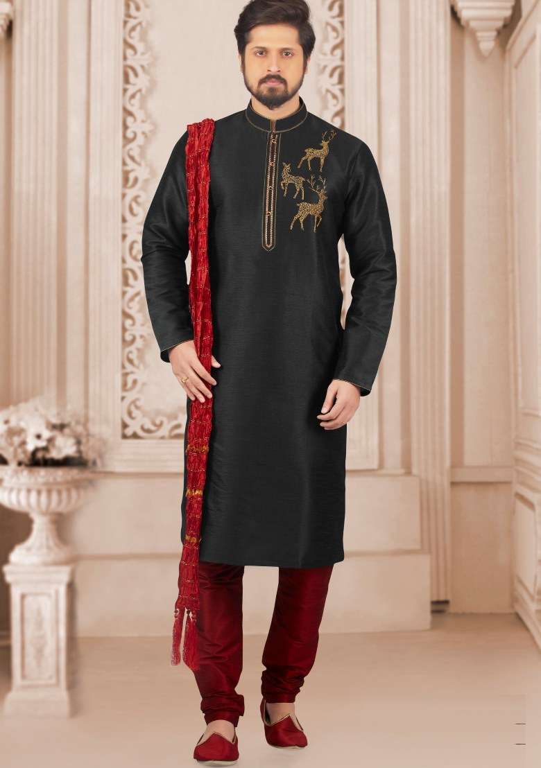 Black Embroidered Silk Kurta Set For Men - Indya