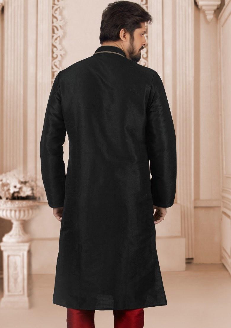 Black Embroidered Silk Kurta Set For Men