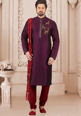 Purple Embroidered Silk Kurta Set For Men