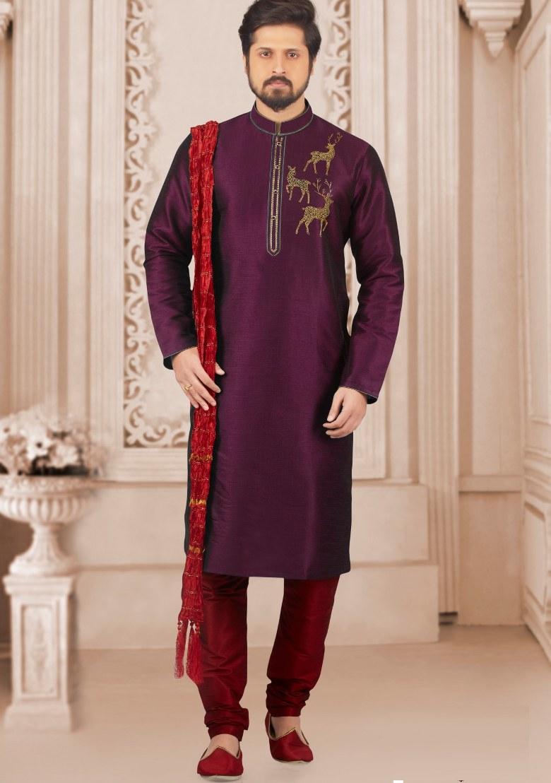 Purple Embroidered Silk Kurta Set For Men