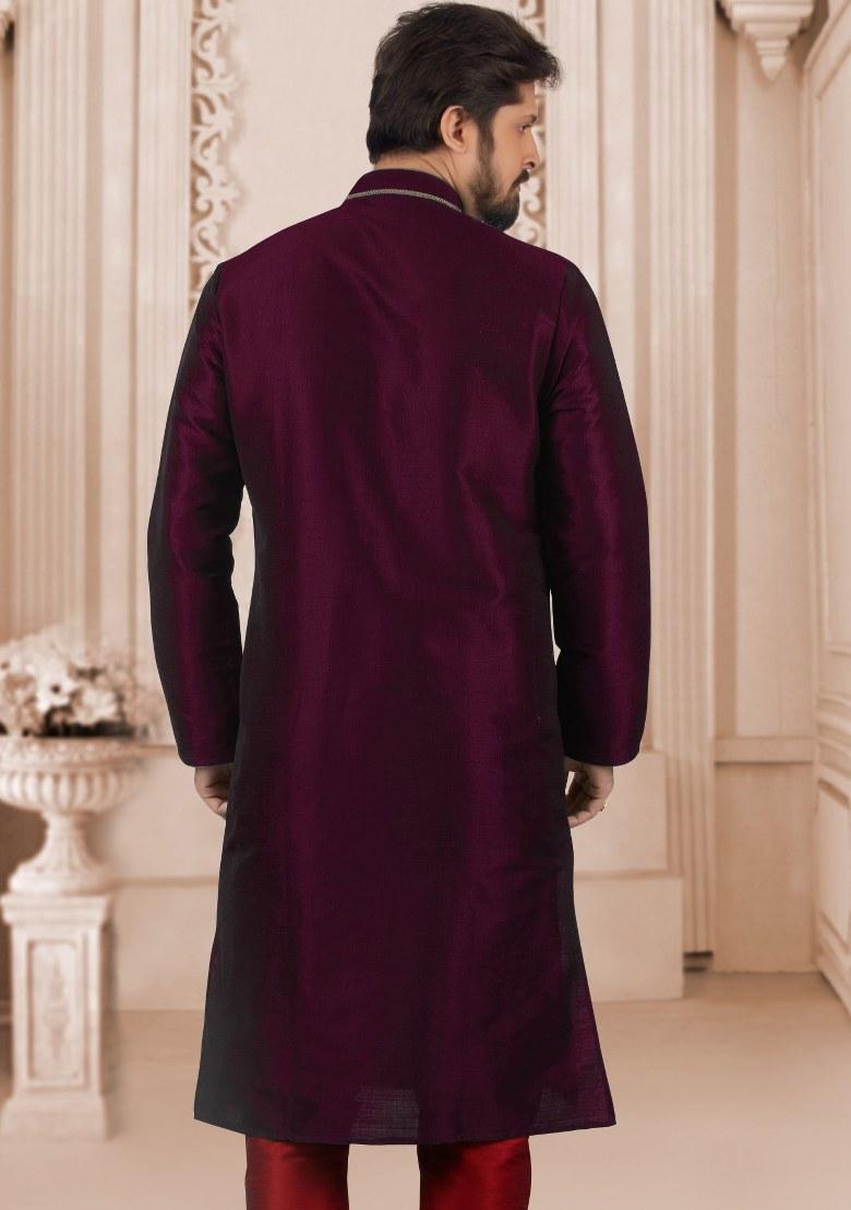 Purple Embroidered Silk Kurta Set For Men