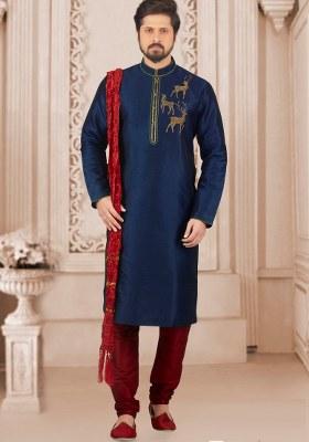 Navy Blue Embroidered Silk Kurta Set For Men