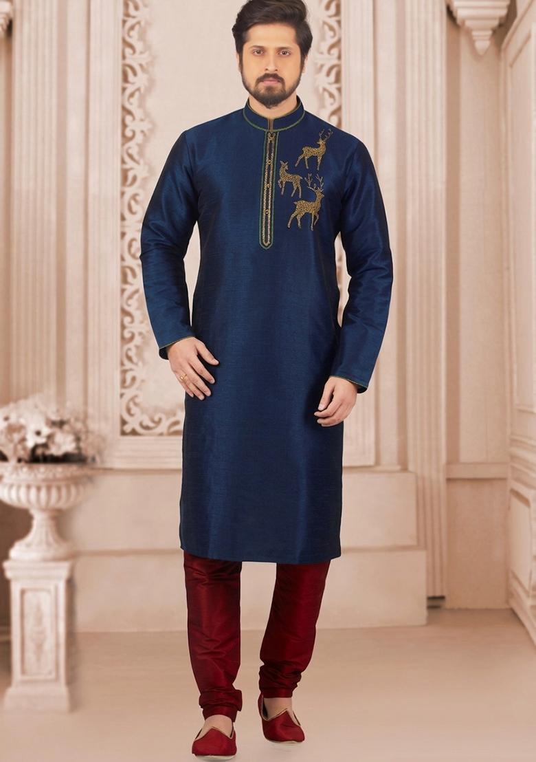 Navy Blue Embroidered Silk Kurta Set For Men