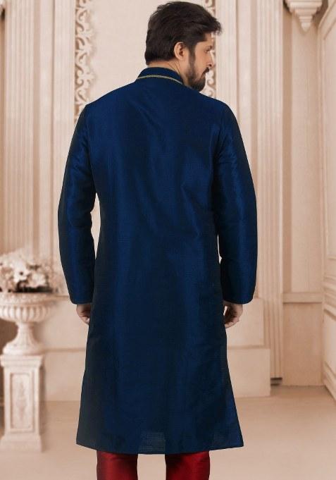 Navy Blue Embroidered Silk Kurta Set For Men