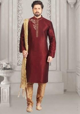 Maroon Embroidered Silk Kurta Set For Men