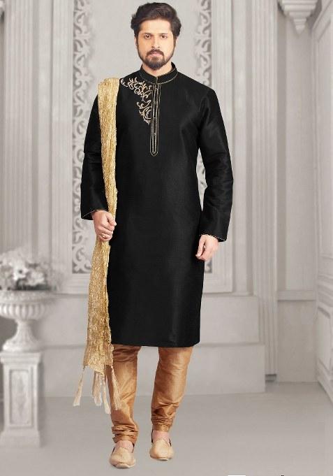 Black Embroidered Silk Kurta Set For Men