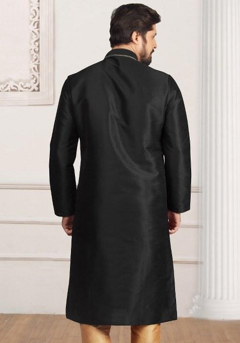 Black Embroidered Silk Kurta Set For Men