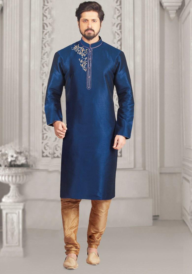 Royal Blue Embroidered Silk Kurta Set For Men