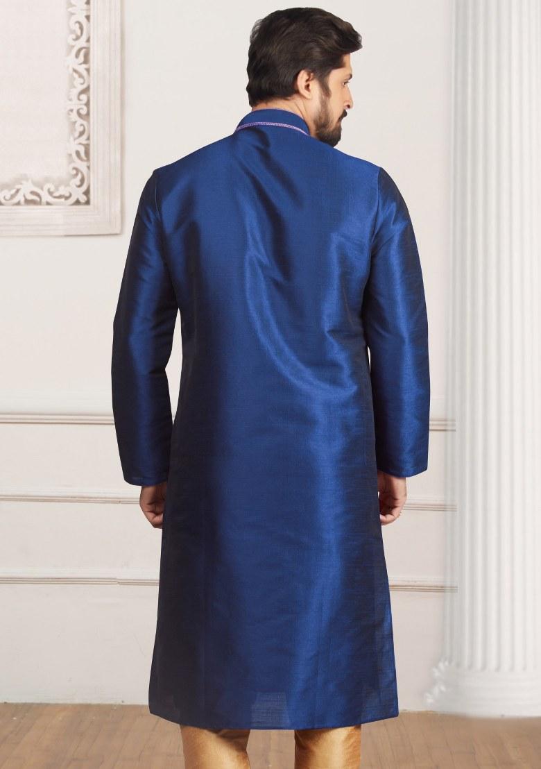 Royal Blue Embroidered Silk Kurta Set For Men