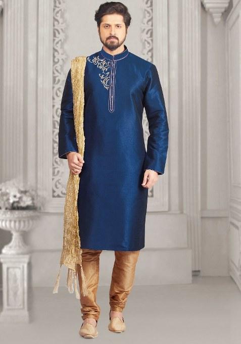 Royal Blue Embroidered Silk Kurta Set For Men