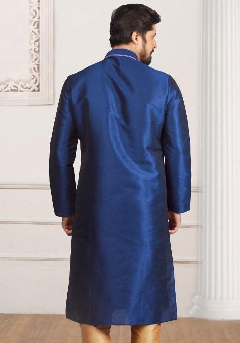 Royal Blue Embroidered Silk Kurta Set For Men