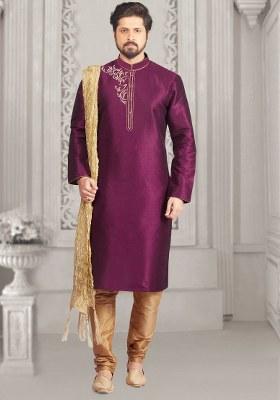 Purple Embroidered Silk Kurta Set For Men